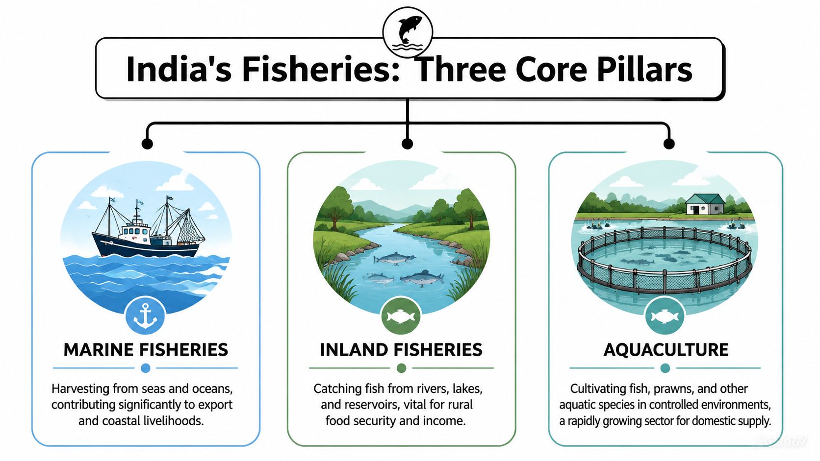 A diagram illustrating India's fisheries sector with three pillars: Marine Fisheries, Inland Fisheries, and Aquaculture.