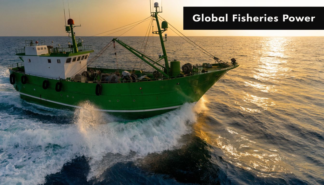 A green commercial fishing boat cutting through ocean waves during a bright golden sunset.