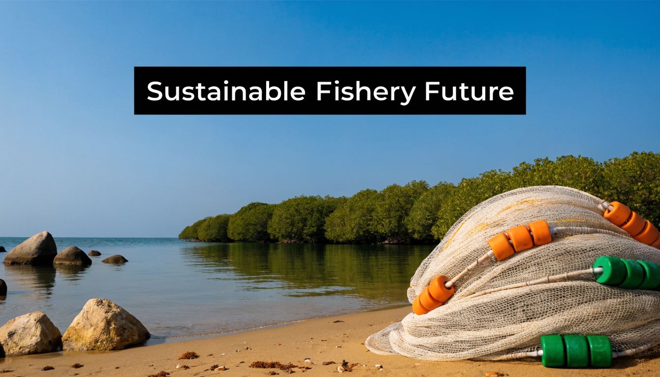 A fishing net with colorful floats rests on a sandy beach near mangroves and calm ocean waters.