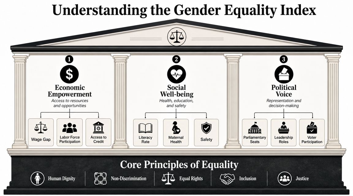 A diagram illustrating the Gender Equality Index, breaking it down into economic, social, and political categories.