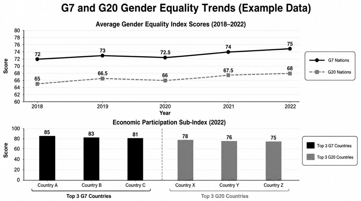 Line and bar graphs comparing gender equality index scores between G7 and G20 nations from 2018 to 2022.