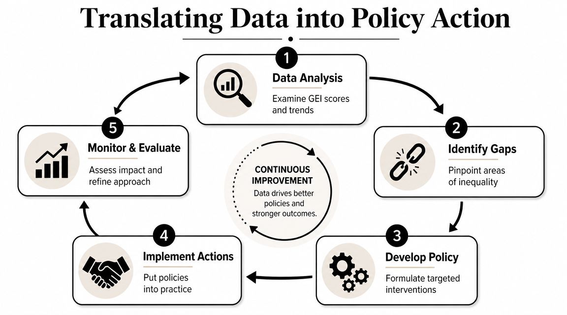 A five-step circular process diagram illustrating how data analysis translates into effective gender equality policy actions.