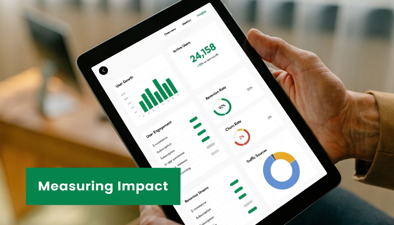 A person holding a tablet displaying a business analytics dashboard with data charts and growth metrics.