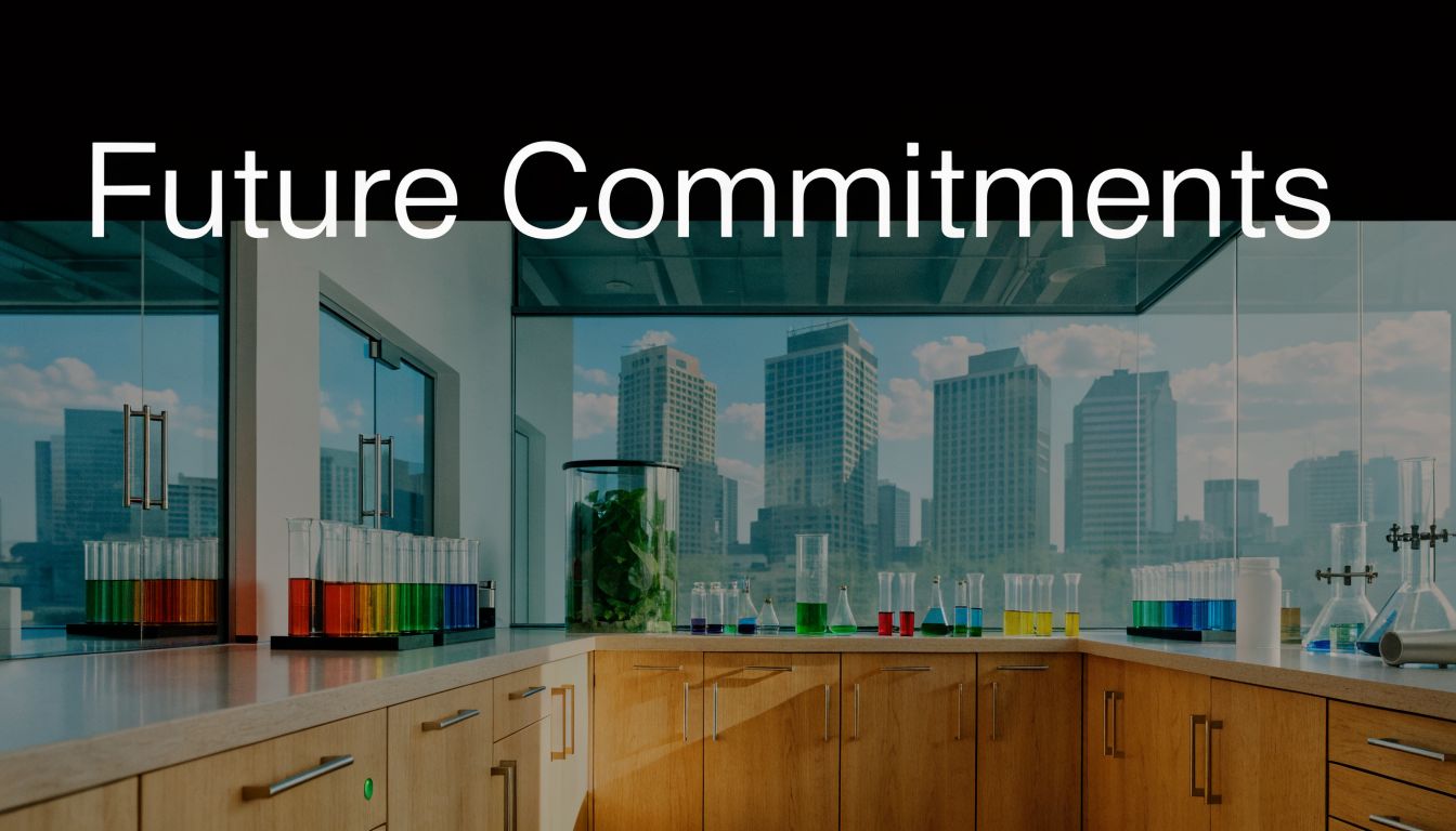 A modern laboratory overlooking a city skyline with various colorful chemical solutions in glass test tubes.