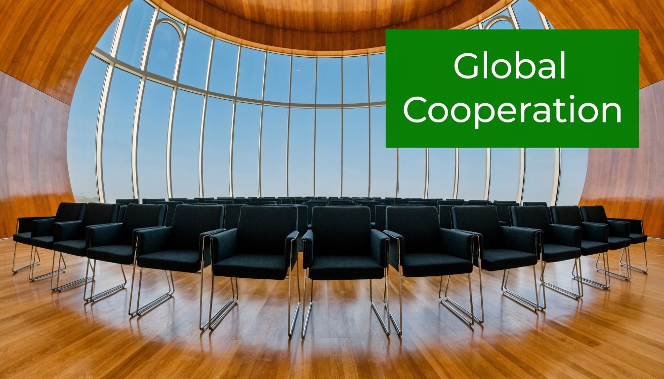 A modern meeting room with rows of chairs facing large windows and a sign reading Global Cooperation.
