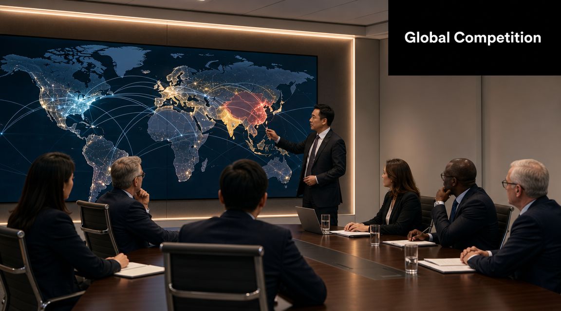 A professional business meeting where a speaker presents international competition data using a large interactive world map.