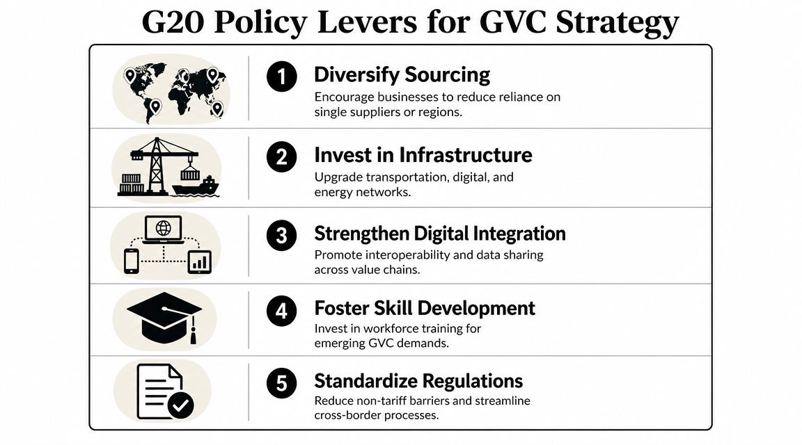 An infographic titled G20 Policy Levers for GVC Strategy, illustrating five key strategies for global value chains.