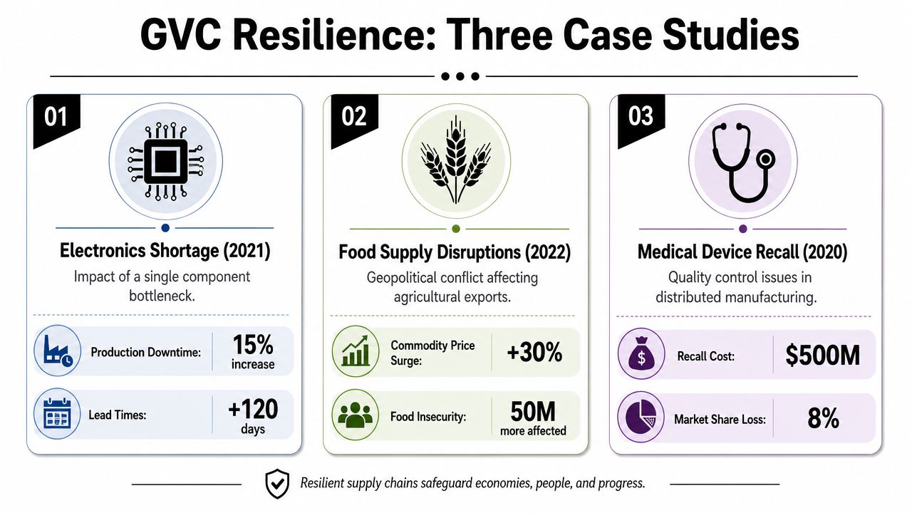 An infographic titled GVC Resilience detailing three case studies on supply chain disruptions and their economic impacts.