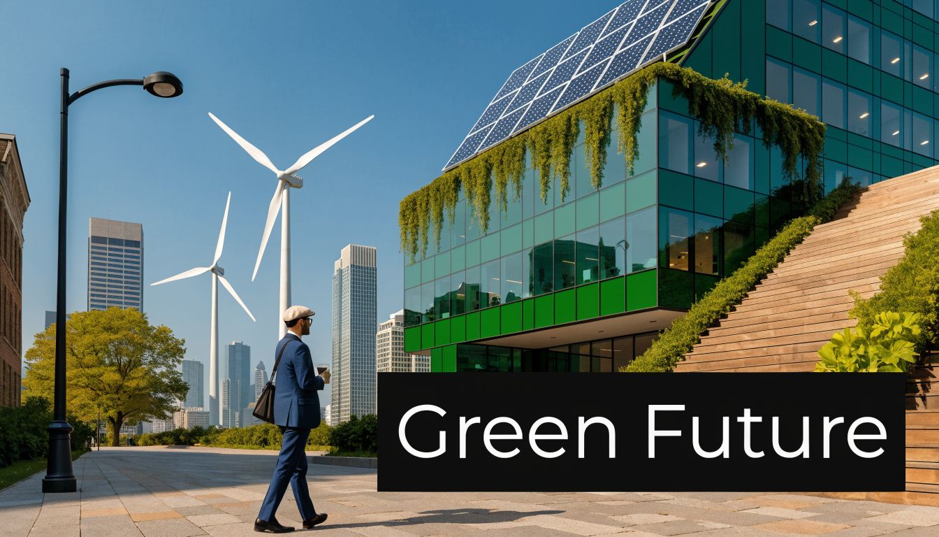 A businessman walks past a modern green building featuring solar panels and rooftop plants with wind turbines.