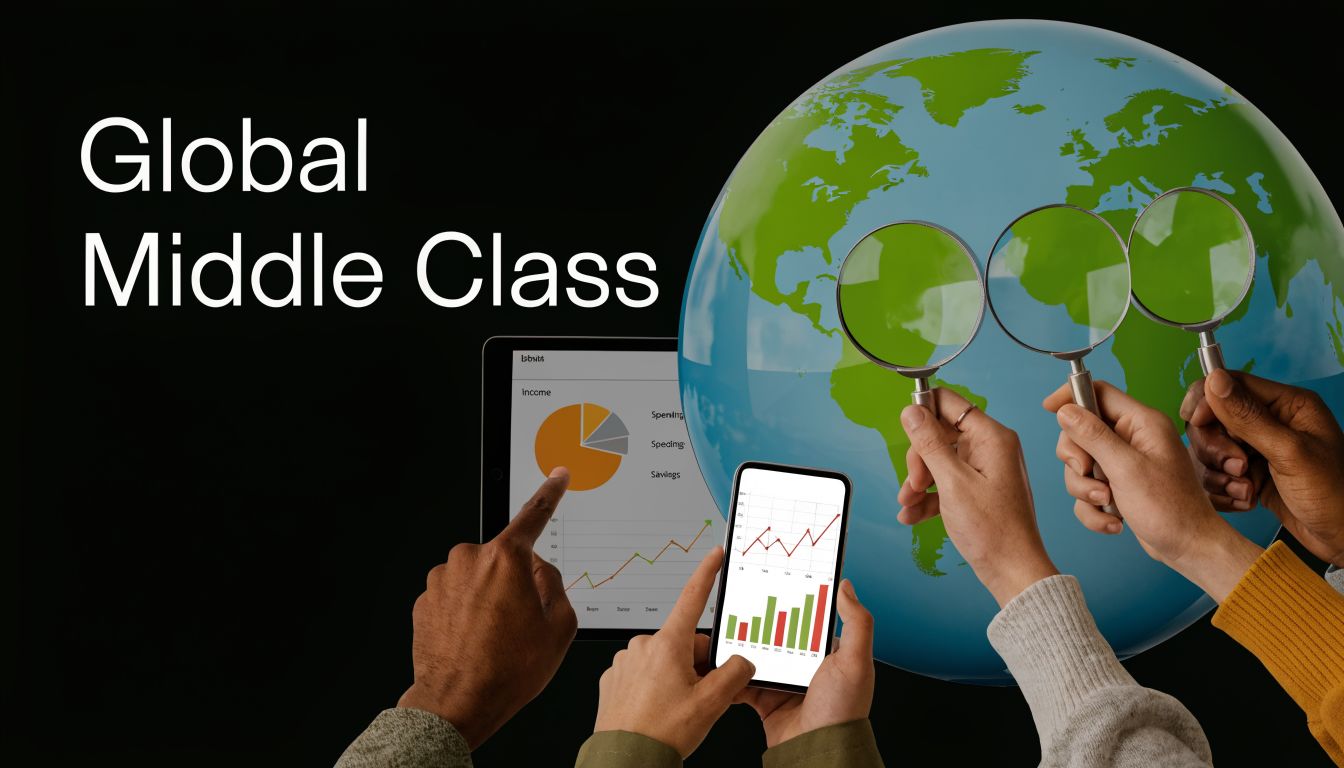 Multiple hands examine a digital globe and financial data charts representing the global middle class growth.