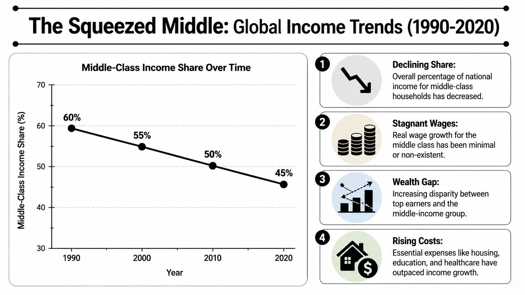 A line chart shows the declining global middle-class income share from 60% in 1990 to 45% in 2020.