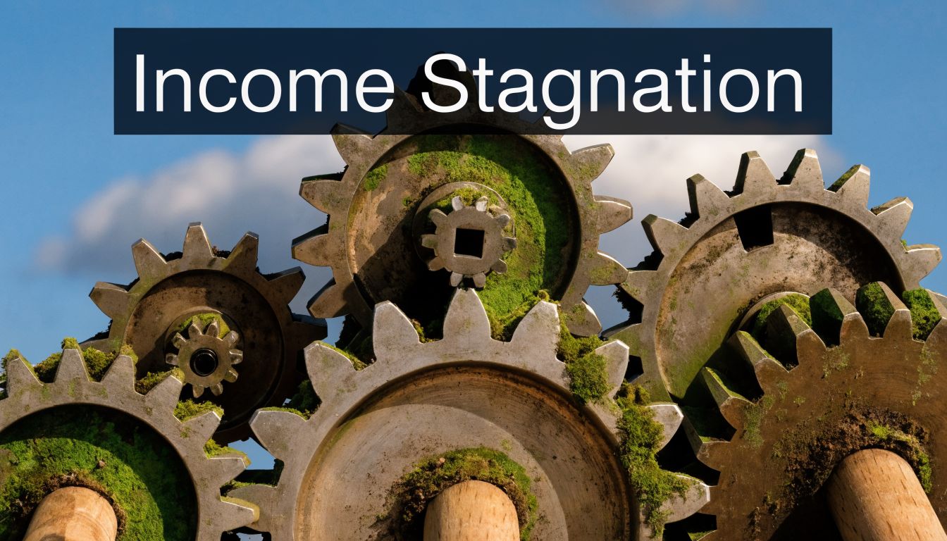 Rusty, moss-covered metal gears interlocking against a blue sky, symbolizing the concept of income stagnation.