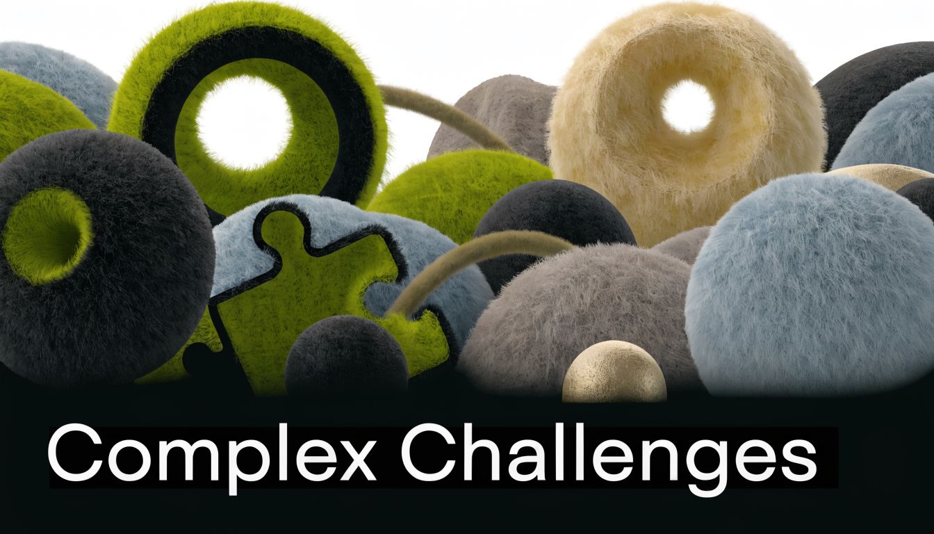 A digital illustration featuring abstract, fuzzy 3D spheres and rings with the words Complex Challenges below.