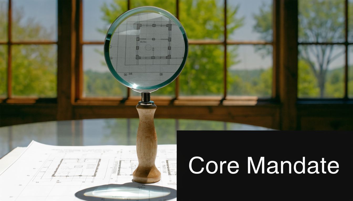 A magnifying glass resting on architectural blueprints with the text Core Mandate displayed on a black background.