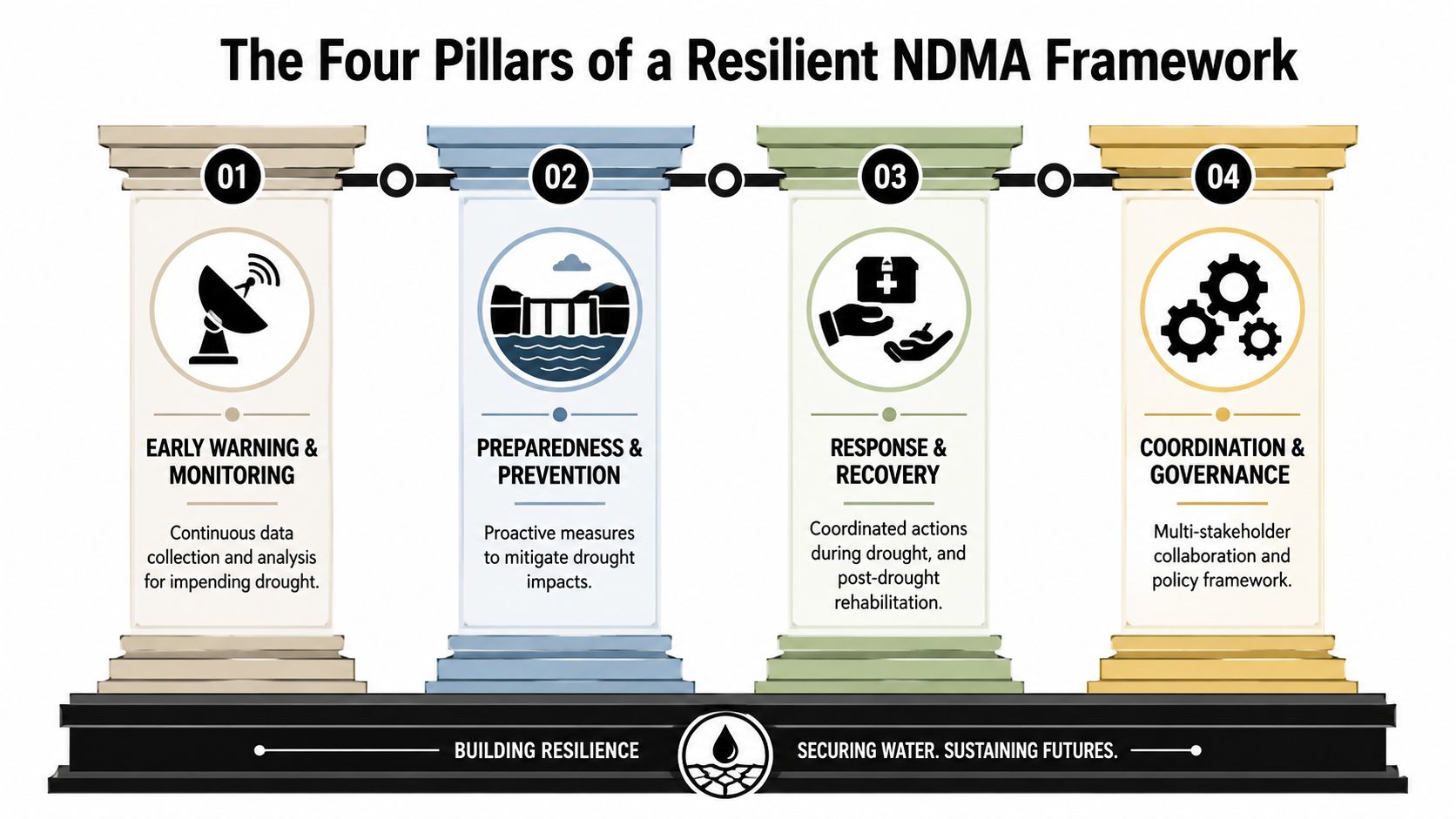 A diagram illustrating the four pillars of a resilient national drought management authority framework.