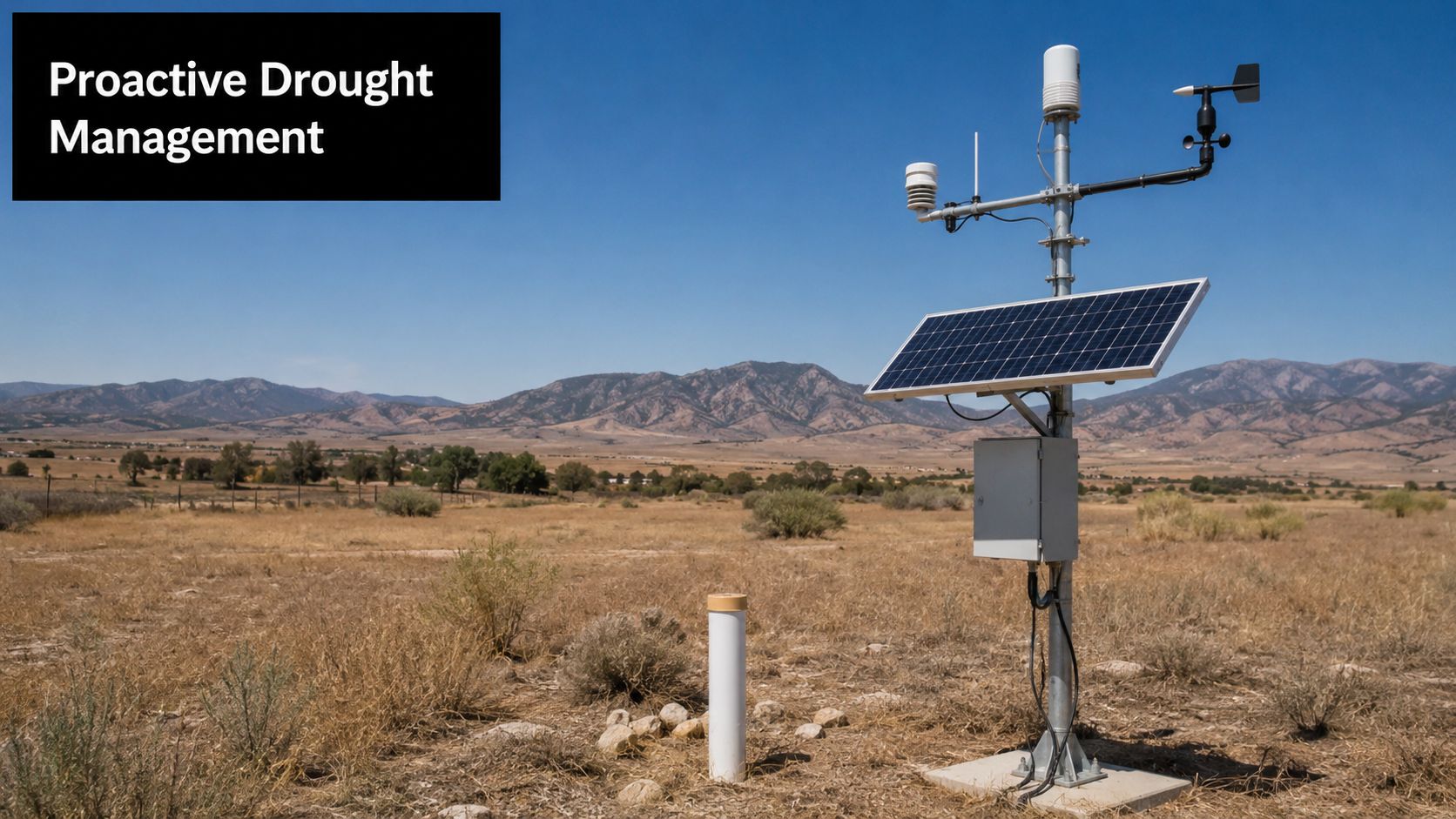 A weather station with a solar panel installed in a dry, arid desert landscape under blue skies.