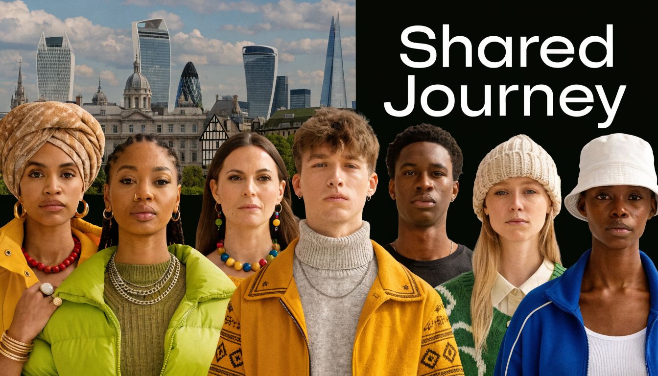 A diverse group of young adults standing together against a background of London skyscrapers and city skyline.