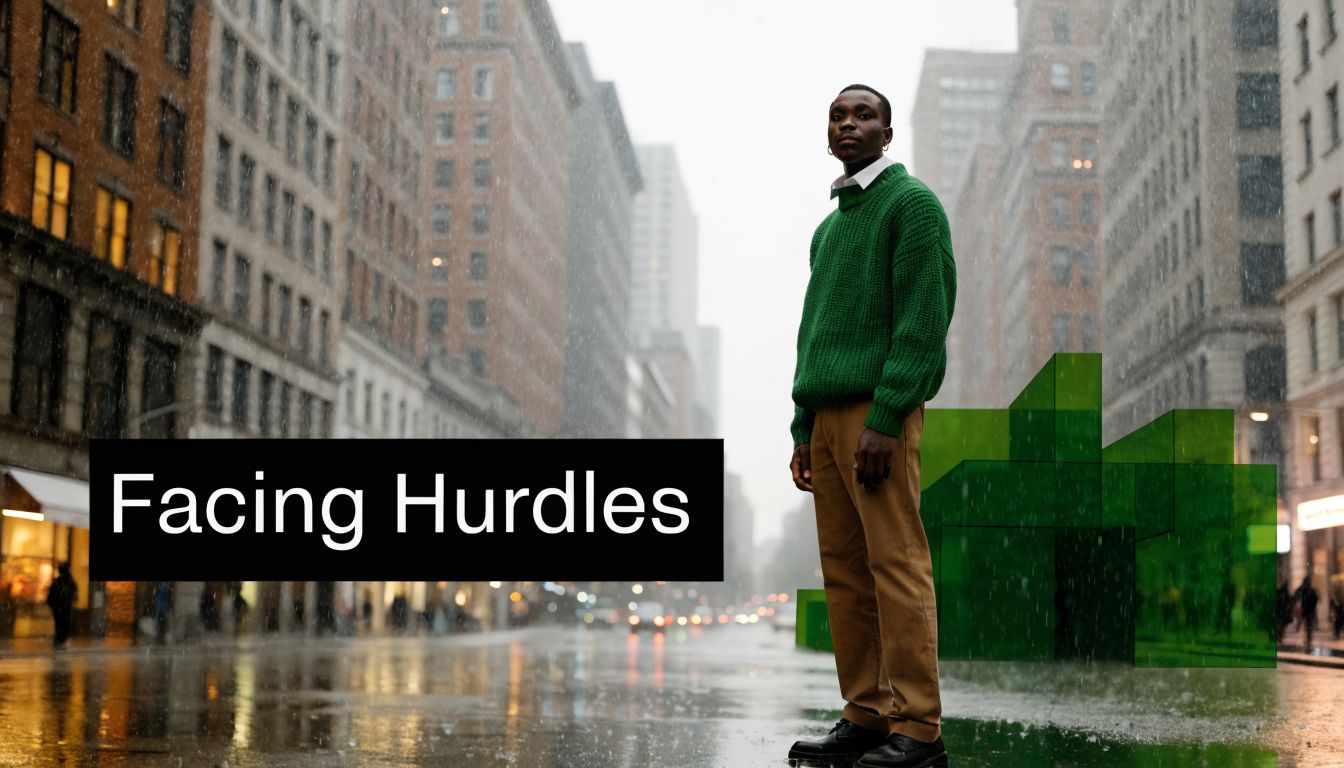 A young Black man wearing a green sweater stands on a rainy city street in Britain.