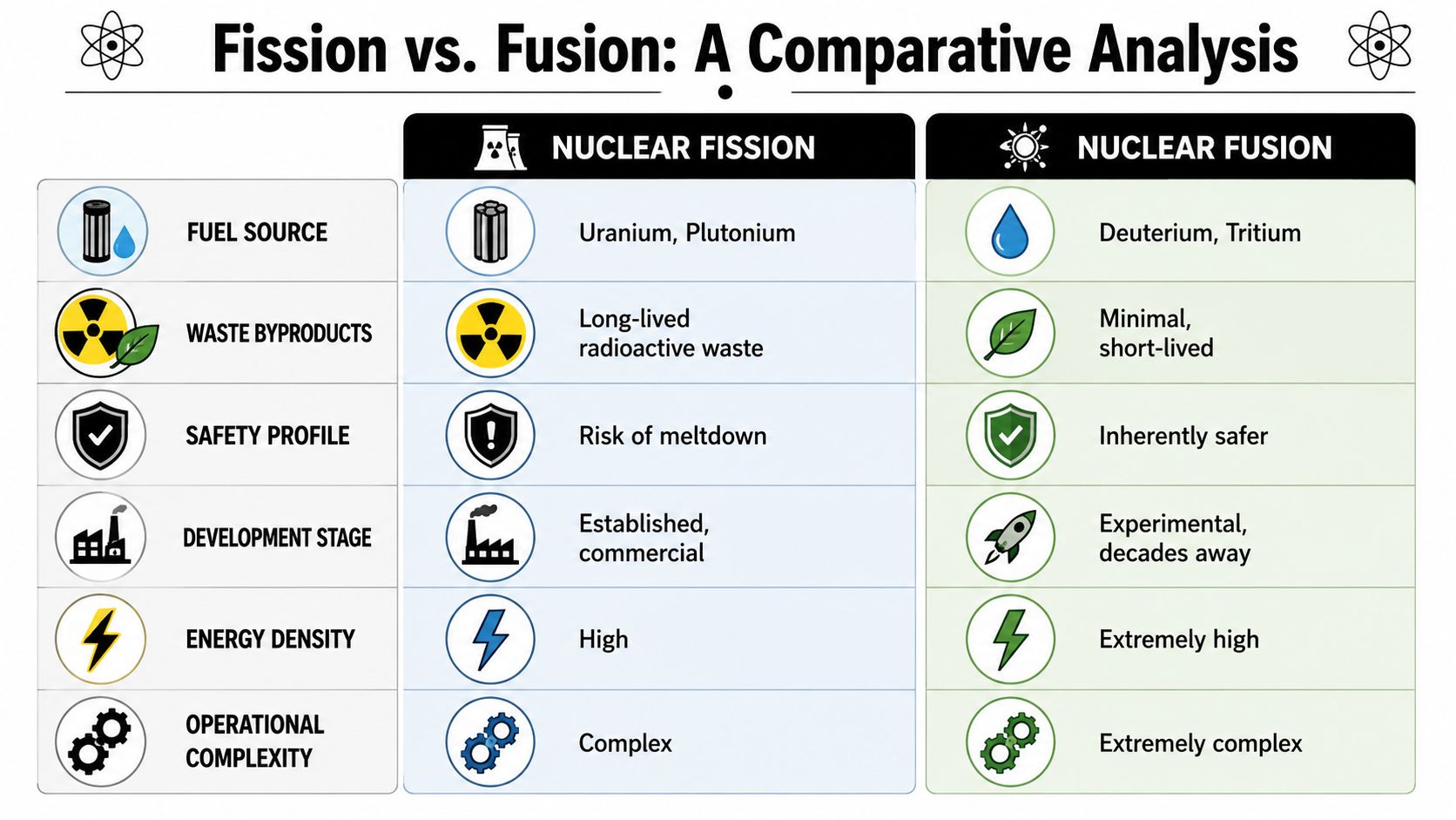A comparative table outlining key differences between nuclear fission and nuclear fusion processes across various criteria.