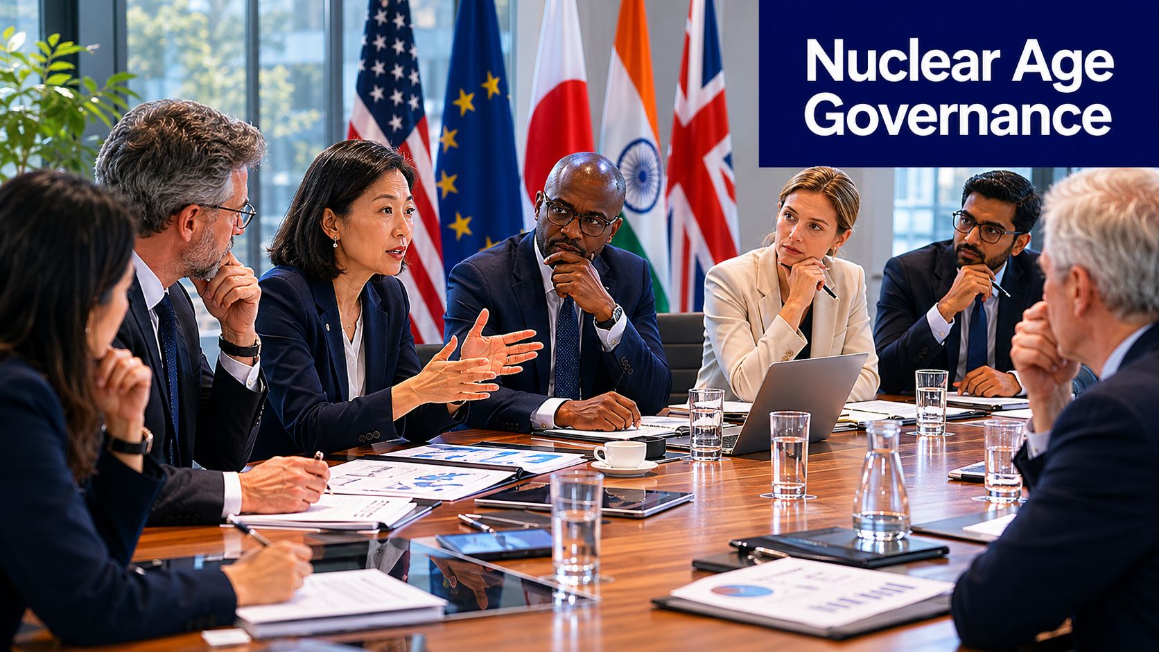 A diverse group of professionals in suits discussing policy at a formal conference table with flags.