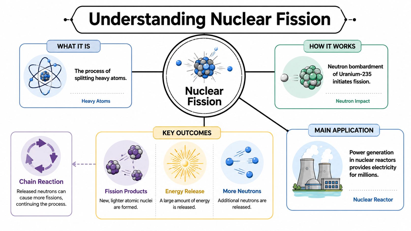 An infographic titled Understanding Nuclear Fission explaining the process, initiation, key outcomes, and practical applications.