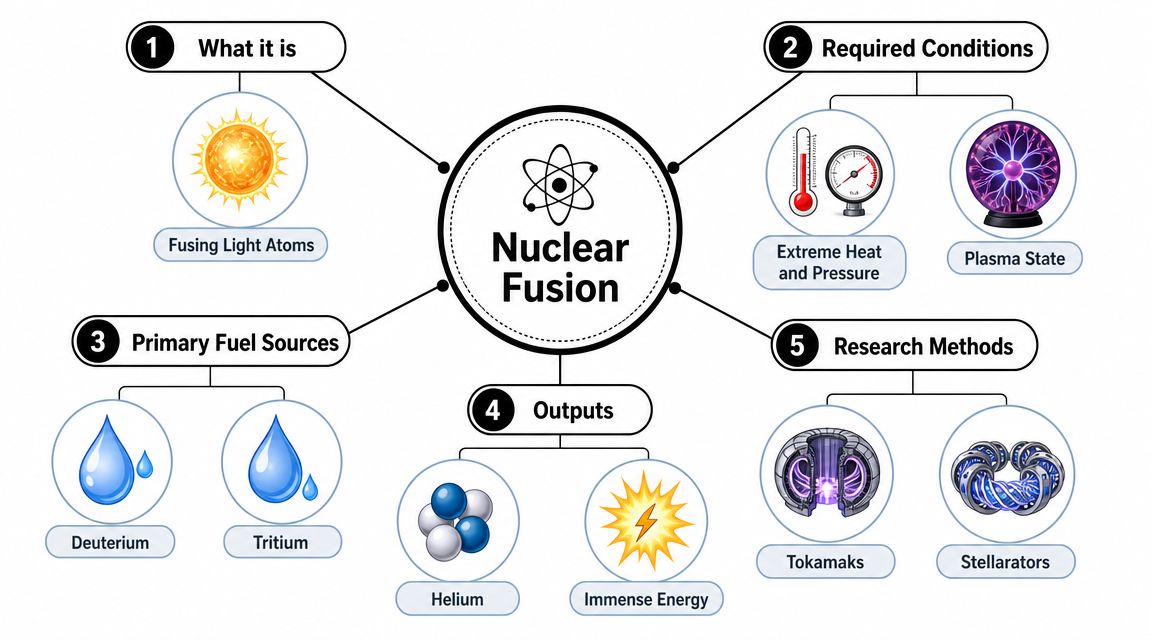 An infographic diagram explaining the core concepts of nuclear fusion including its fuel sources, processes, and research methods.