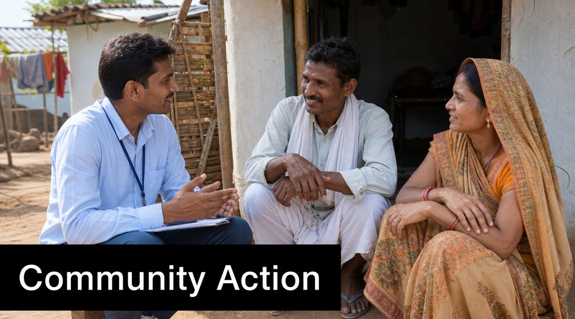 A development worker in a blue shirt interviewing a rural couple outside their home.