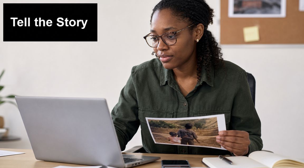 A professional woman in an office setting reviewing a printed photograph of children while using a laptop.