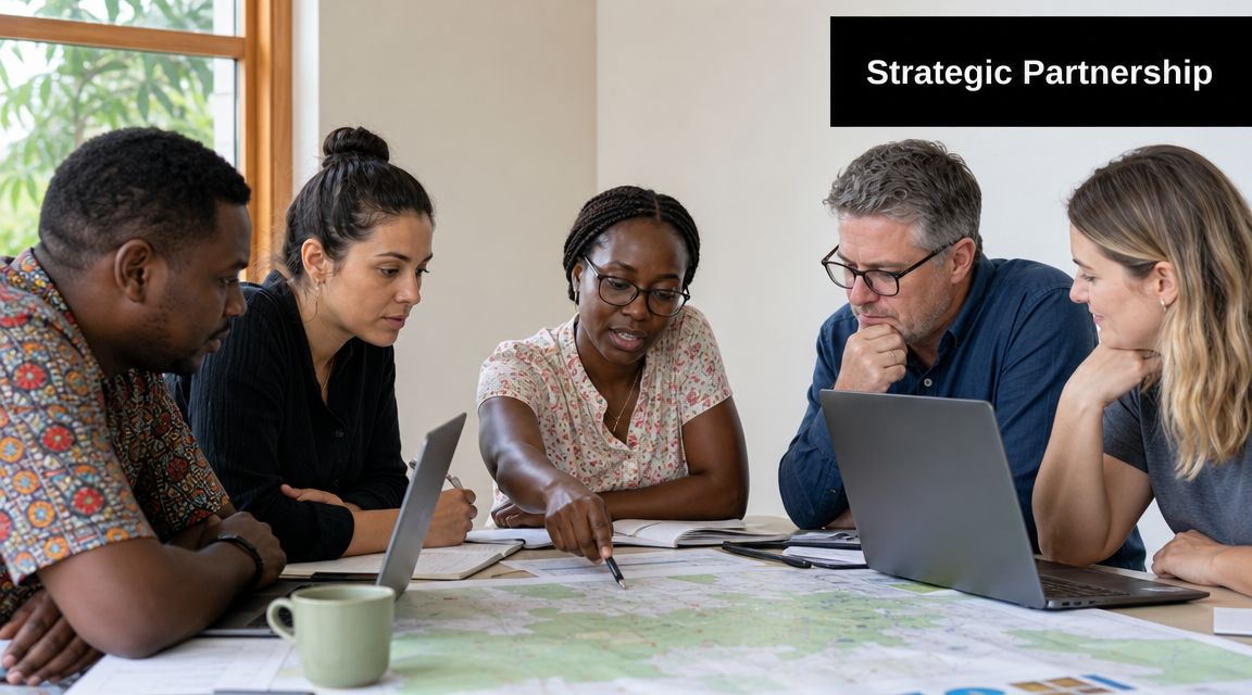 A diverse team of professionals collaboratively working together around a table with laptops and maps.