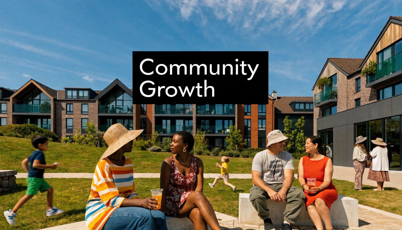 A diverse group of adults sitting outdoors and talking while children play on a green lawn.