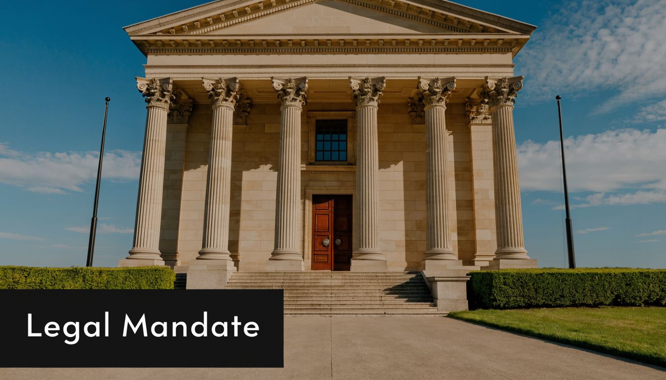 The impressive stone facade of a classical courthouse building featuring towering columns under a blue sky.