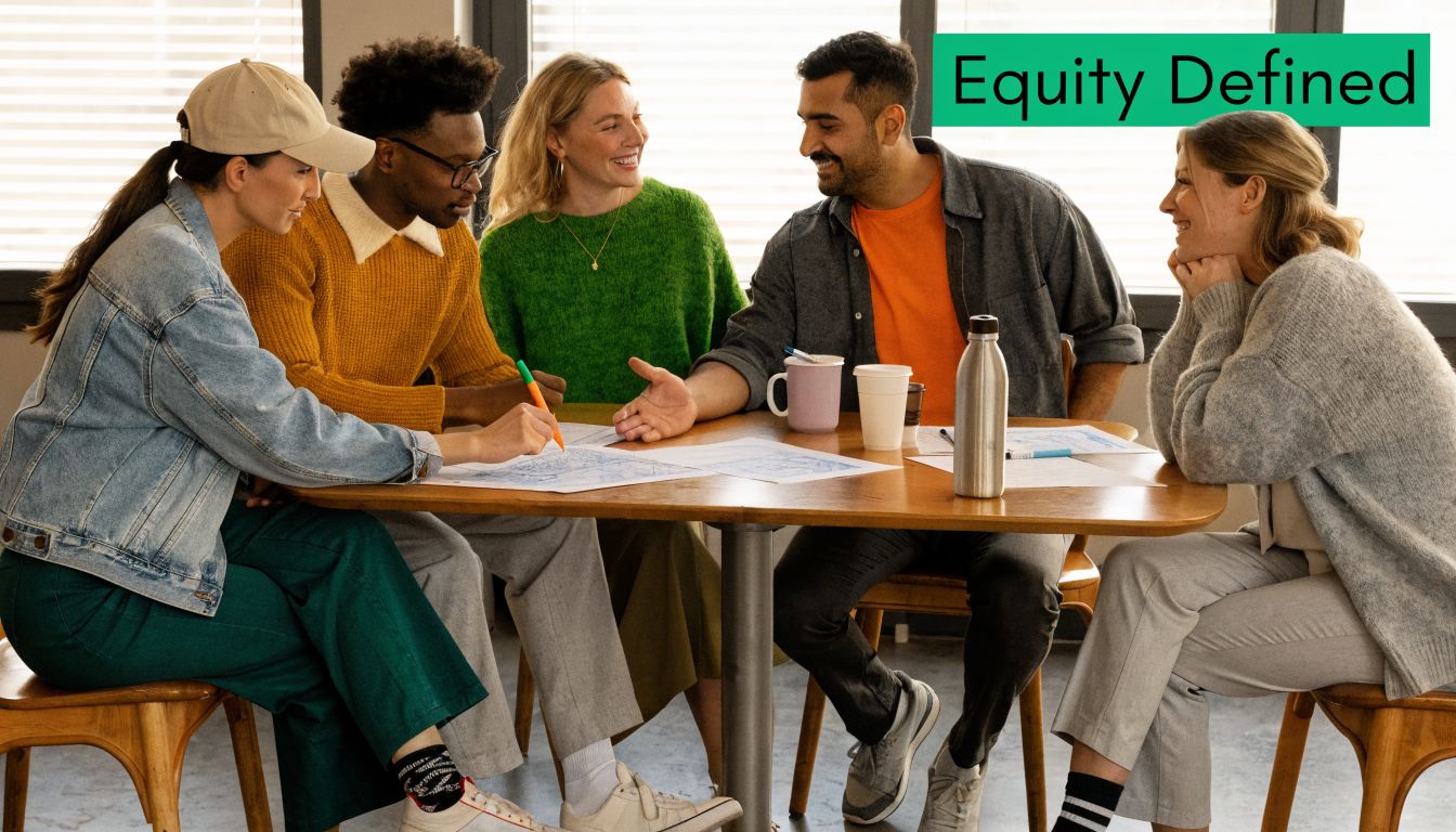 A diverse group of colleagues sitting around a wooden table collaborating on a project in an office.