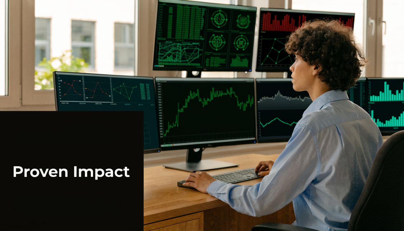 A professional working at a desk with multiple computer screens displaying complex financial charts and data analytics.