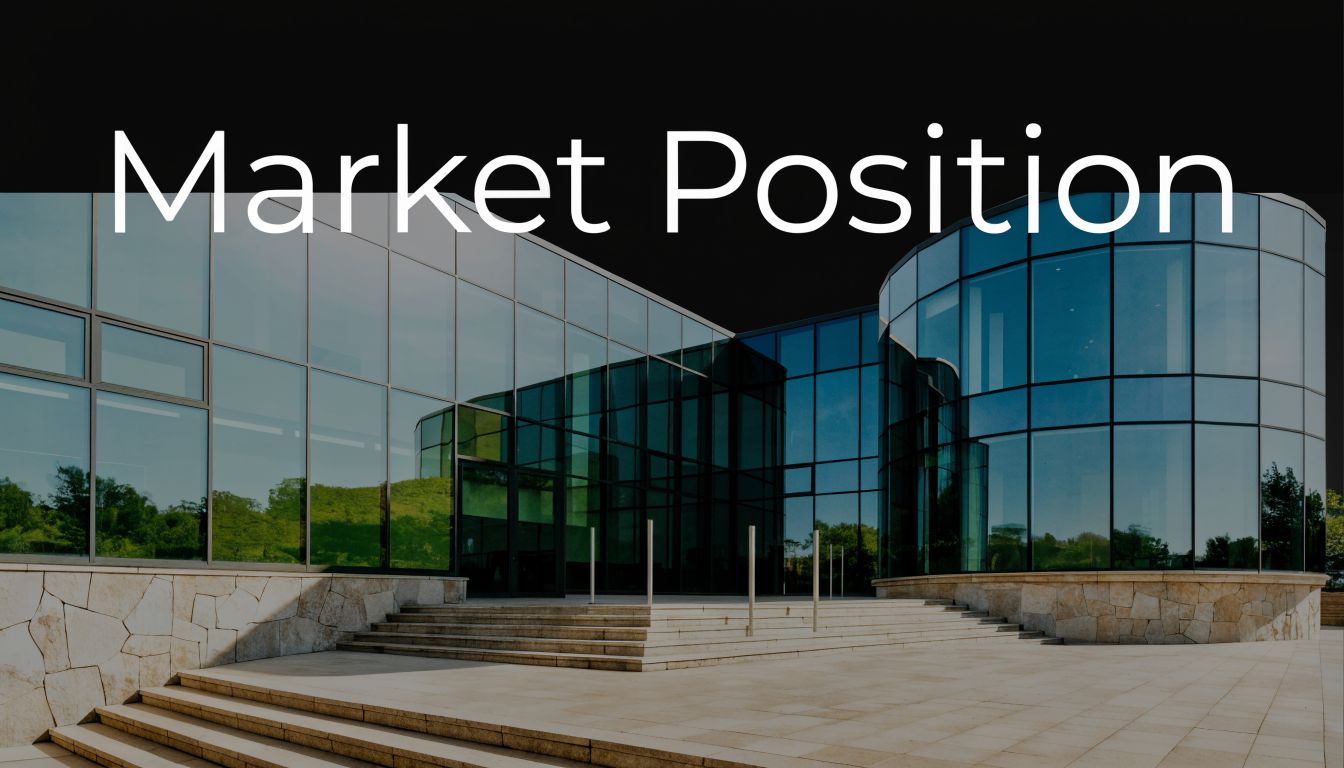 A modern glass building with a stone foundation under a dark sky featuring the text Market Position.