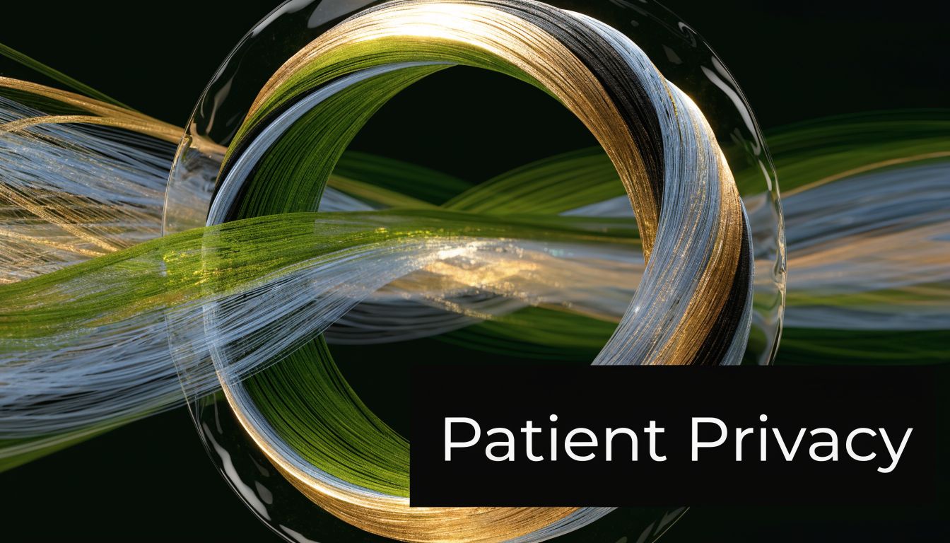 A digital abstract art representation of swirling green, gold, and white strands with text reading Patient Privacy.