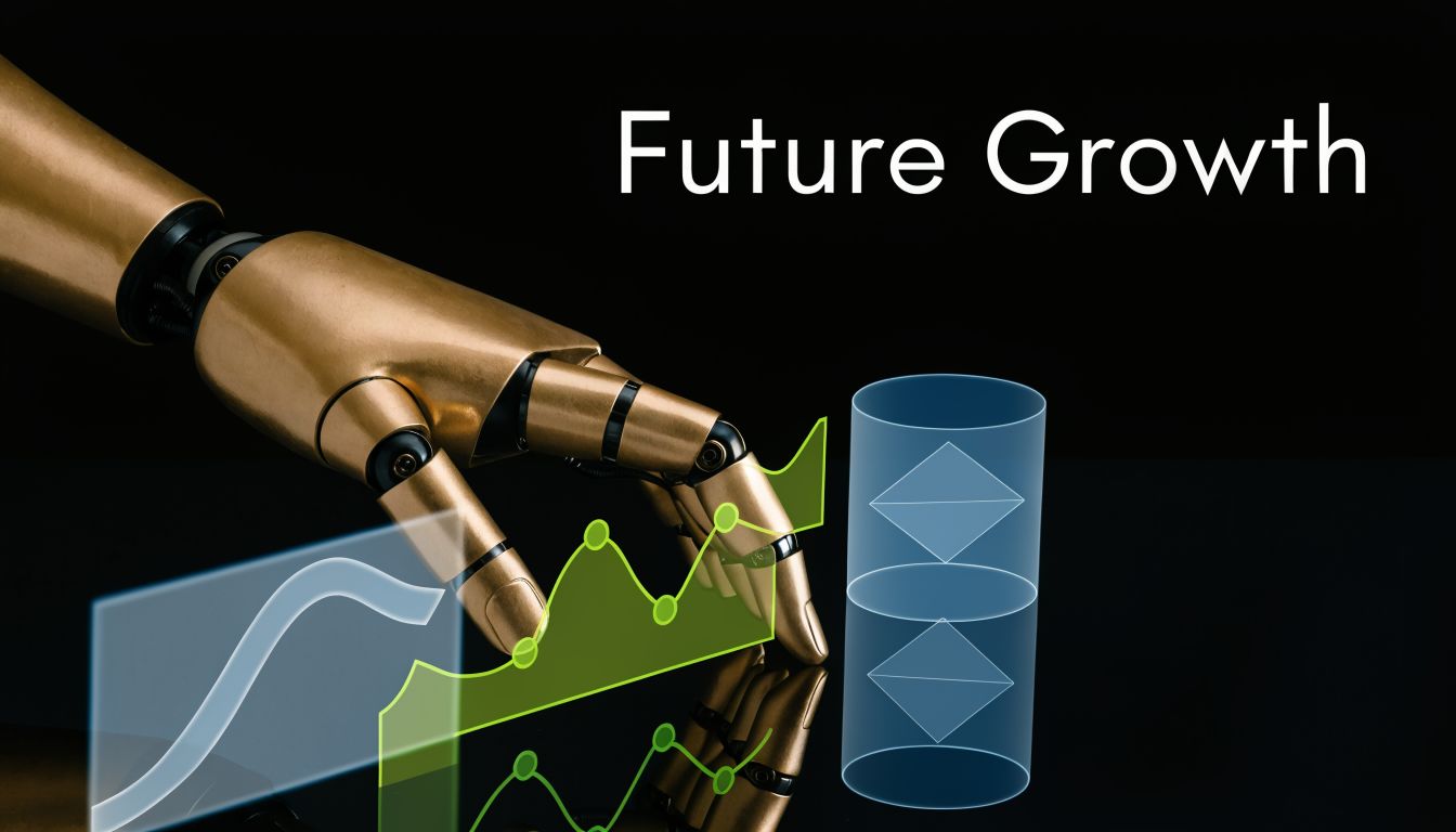 A robotic hand touching a digital holographic chart displaying growth trends against a black background.