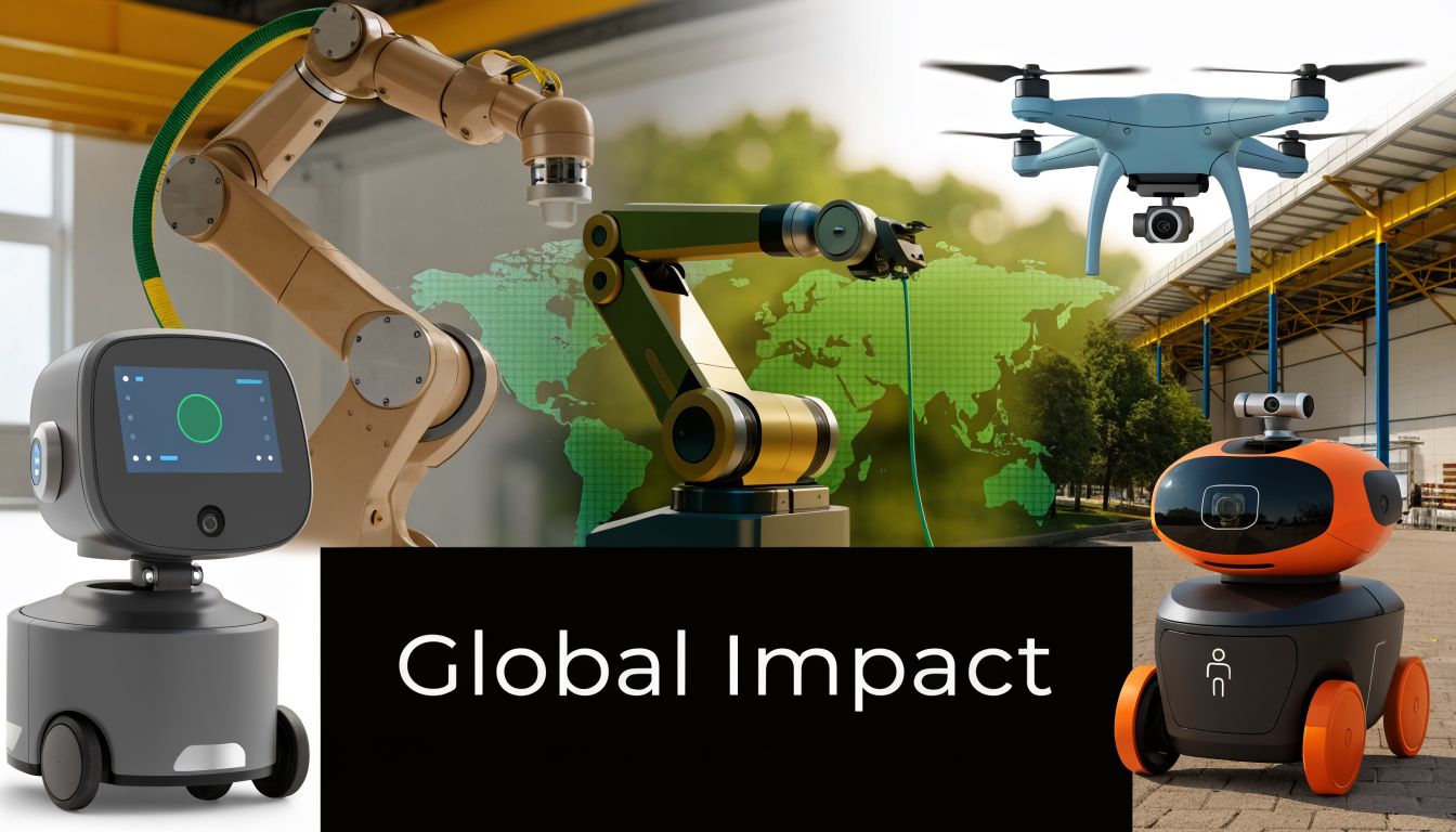 A digital illustration representing the global impact of advanced robotics including drones and industrial robotic arms.
