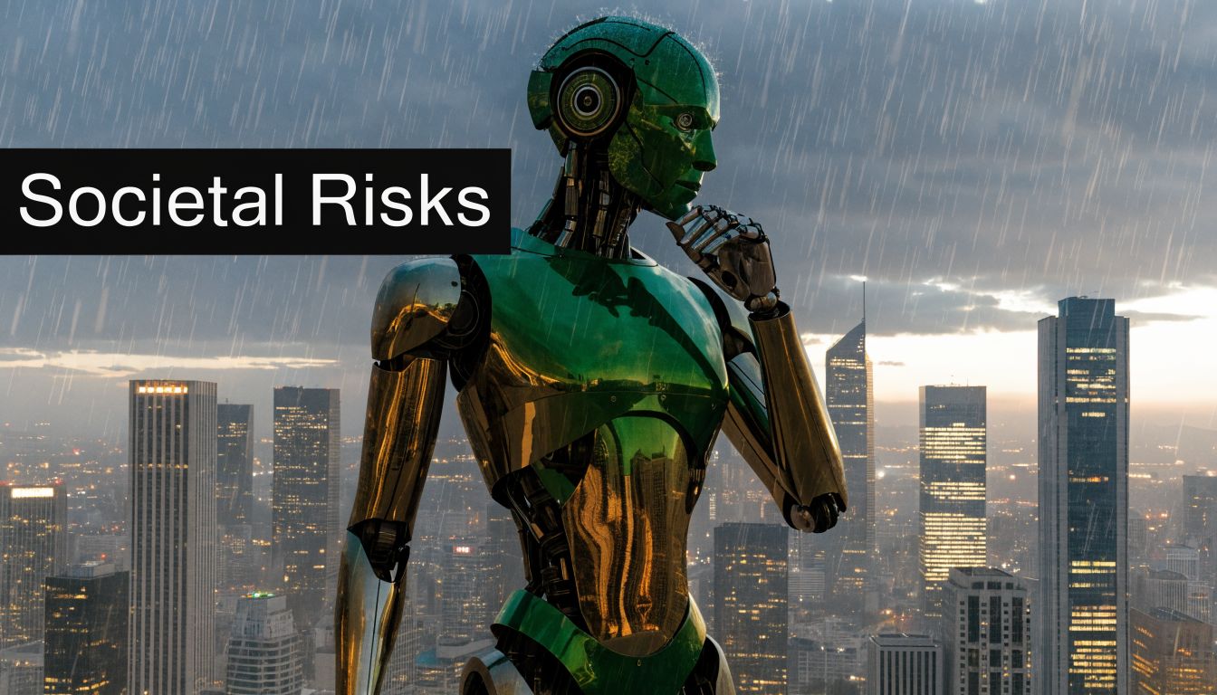 A futuristic green robot stands thoughtfully overlooking a rainy city skyline at dusk, representing societal risks.