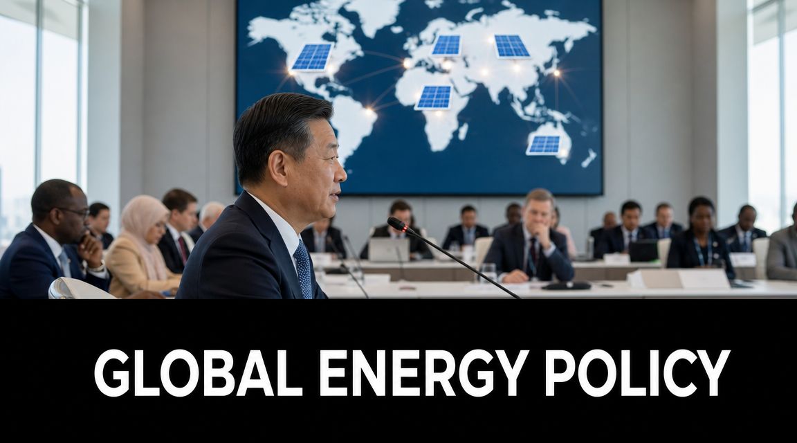 A professional business conference meeting featuring a speaker discussing energy policy with a world map background.
