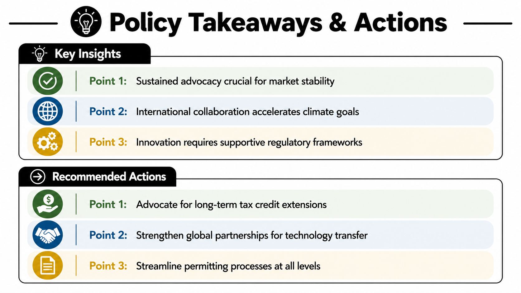 A graphic slide titled Policy Takeaways & Actions, outlining key industry insights and recommended policy steps.