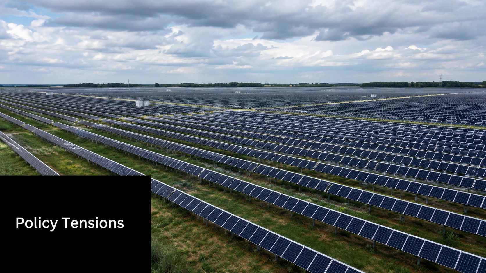 An expansive field of solar panels stretching to the horizon under a cloudy sky with Policy Tensions text.