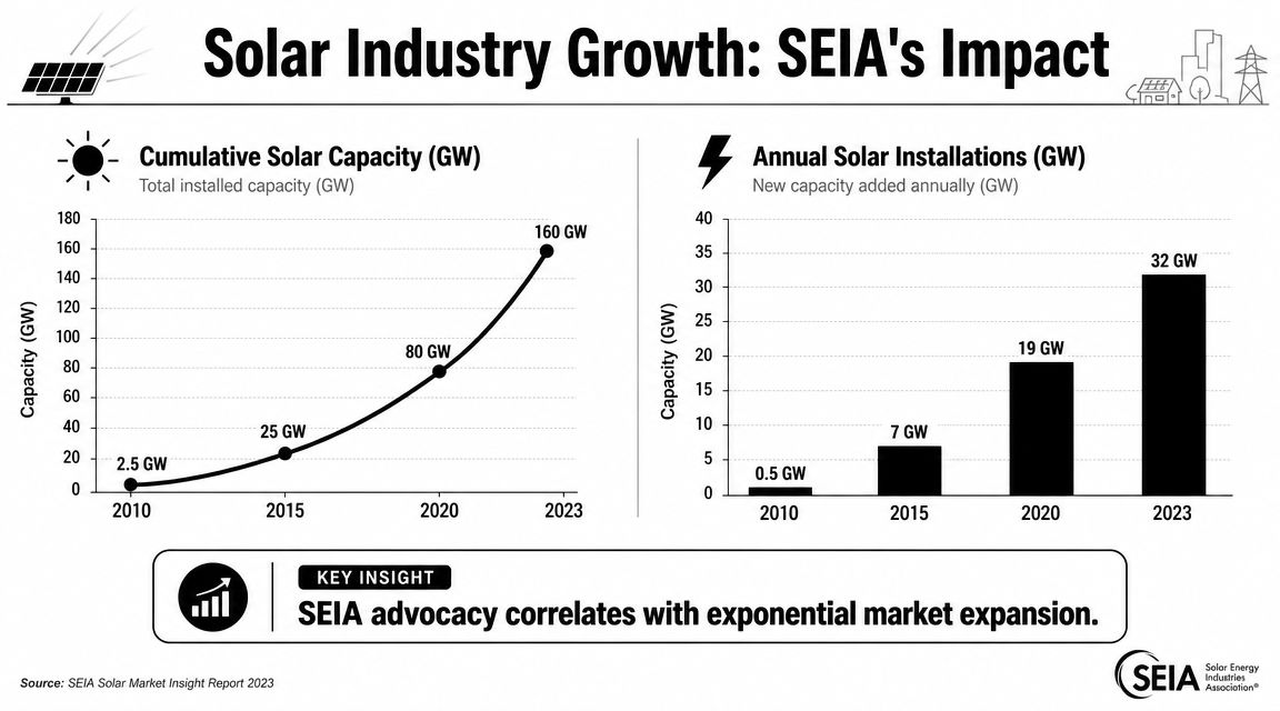 Line and bar charts depicting the exponential growth of cumulative and annual US solar capacity from 2010 to 2023.