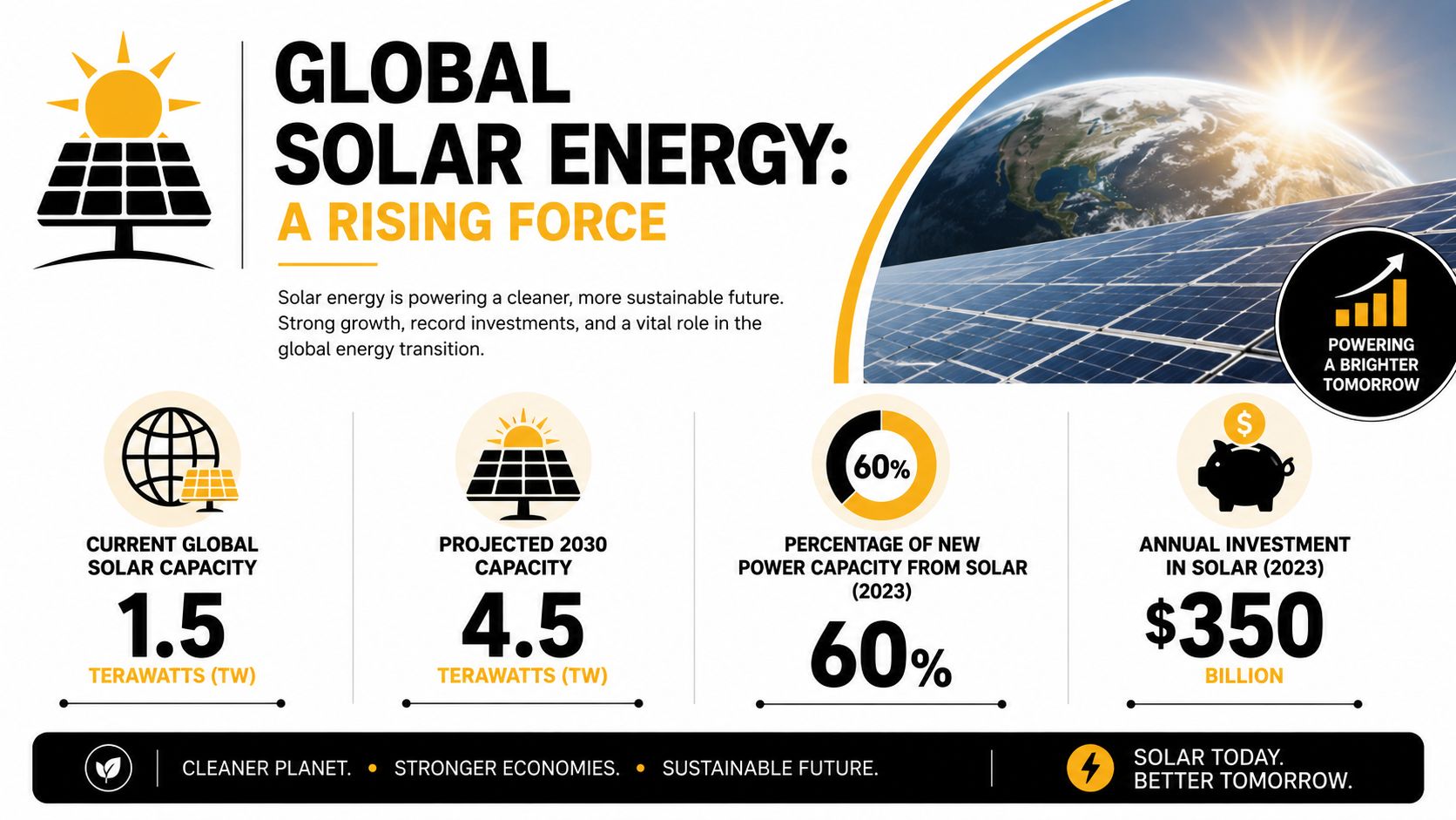 An infographic titled Global Solar Energy showing current capacity, projected 2030 growth, new power percentages, and annual investments.