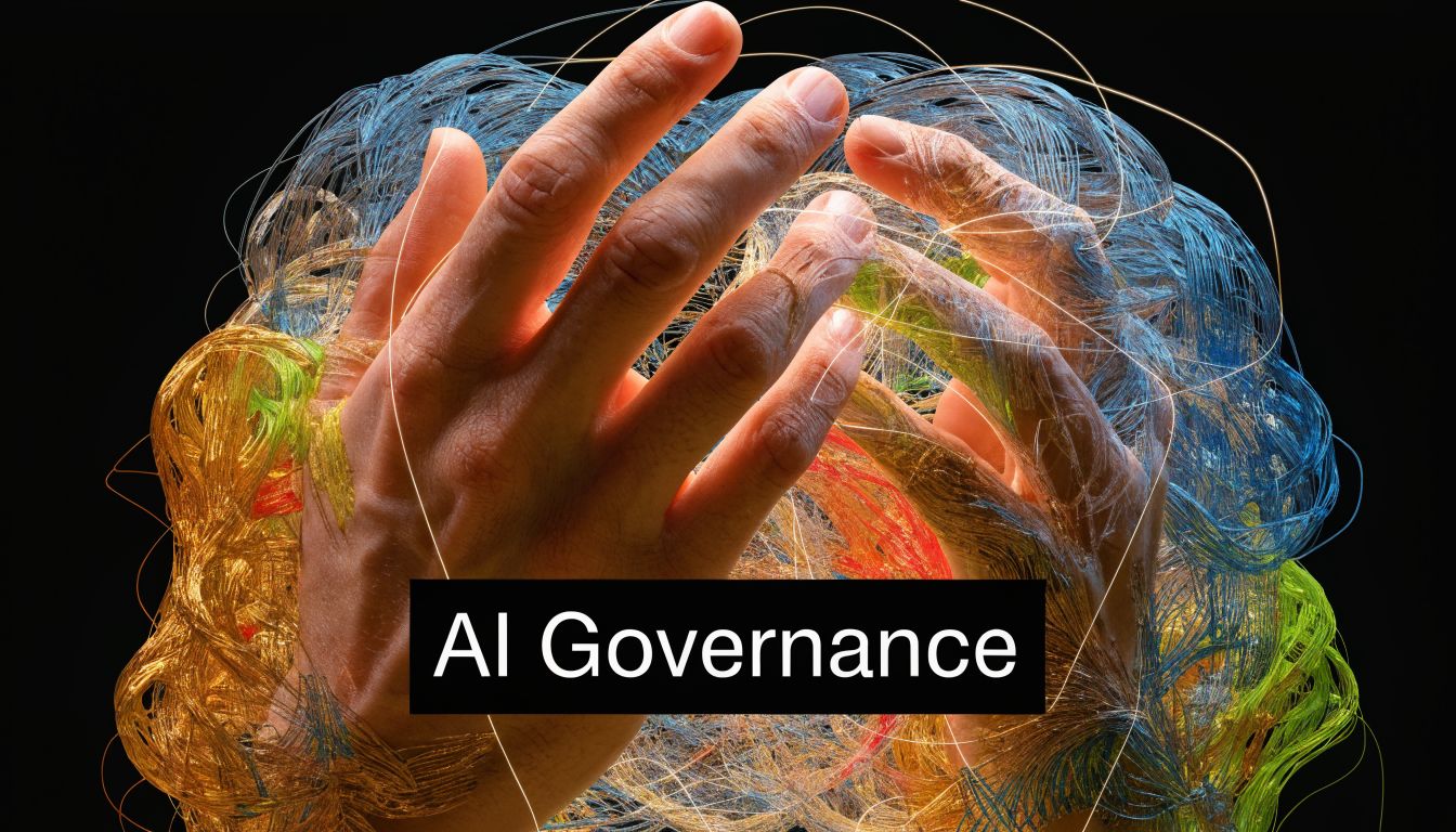 Human hands gently cradling a glowing, complex structure of intertwined colorful threads representing AI Governance.