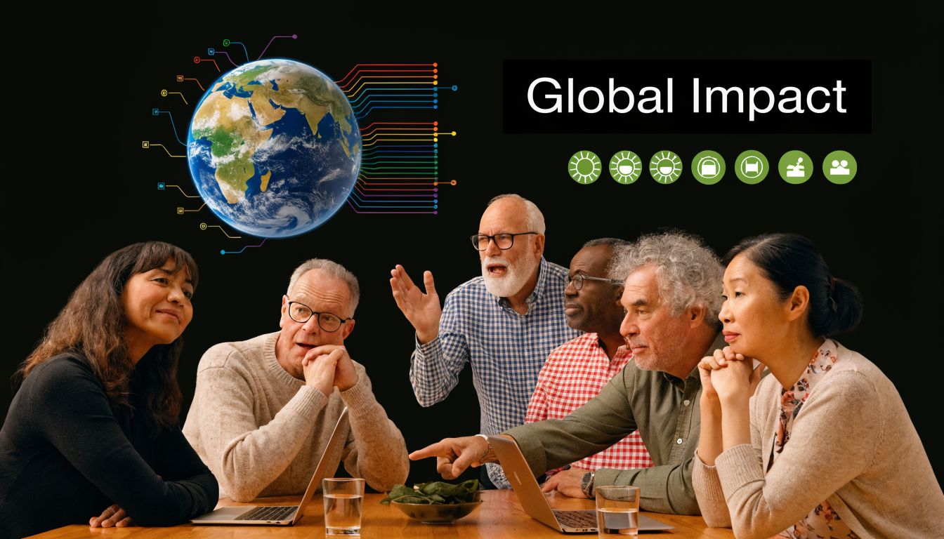 A diverse group of professionals discussing global technology solutions around a table with laptops.