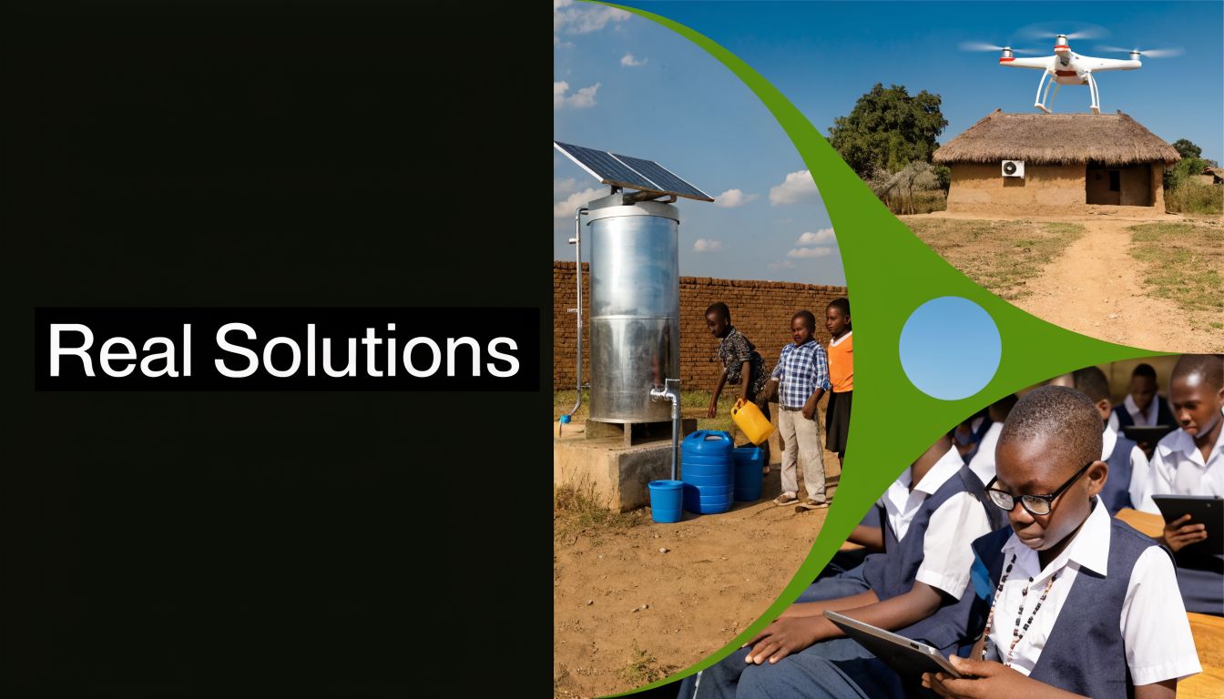 A split image showing solar water solutions in a rural village and students using tablets in class.