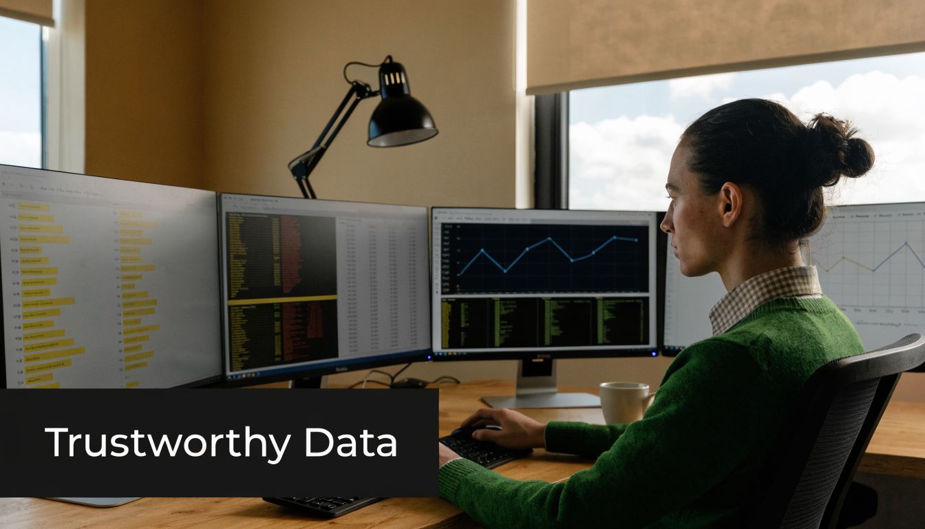 A professional analyst working at a desk with multiple computer screens displaying complex data charts and graphs.