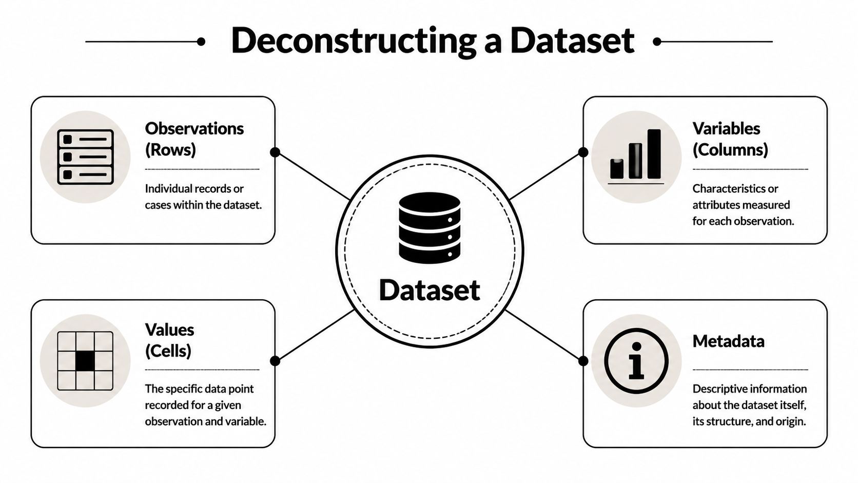 A diagram explaining the components of a dataset, including observations, variables, values, and metadata for data literacy.