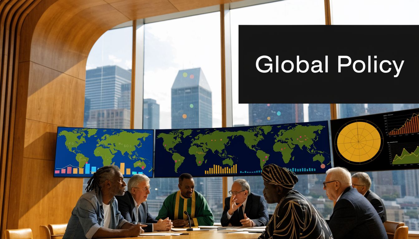 A diverse group of professionals meeting in a conference room with global map data visualizations on screens.