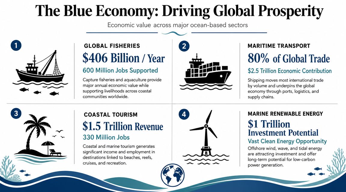 An infographic detailing the global economic value and job opportunities across four major ocean-based industry sectors.